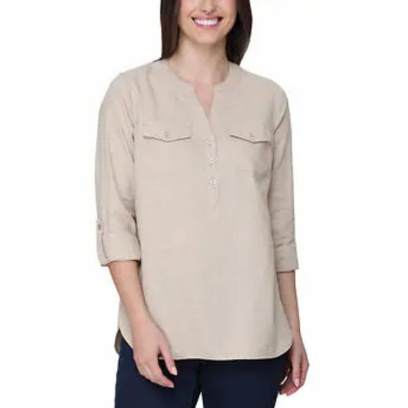 NEW Tahari Roll Tab Linen Blend Shirt | Tan - Picture 1 of 7